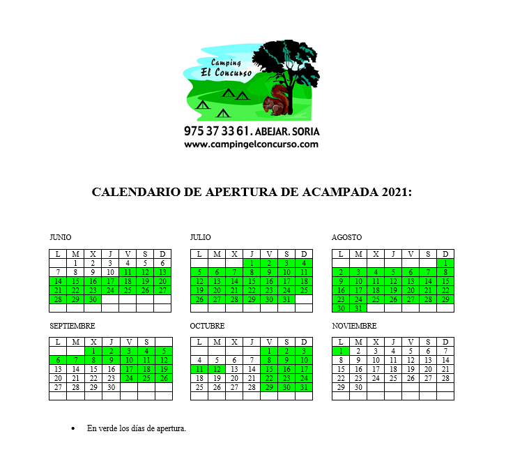 CALENDARIO DE APERTURA DE ACAMPADA 2021 CALENDARIO DE APERTURA DE ACAMPADA 2021